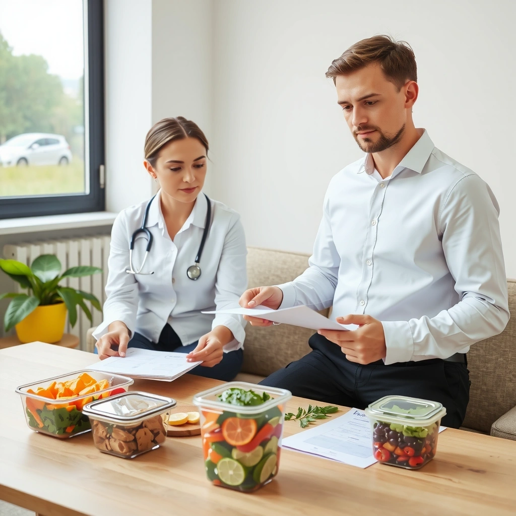 Nutritionniste professionnelle consultation personnalisée - Bureau moderne avec ordinateur et documents nutritionnels